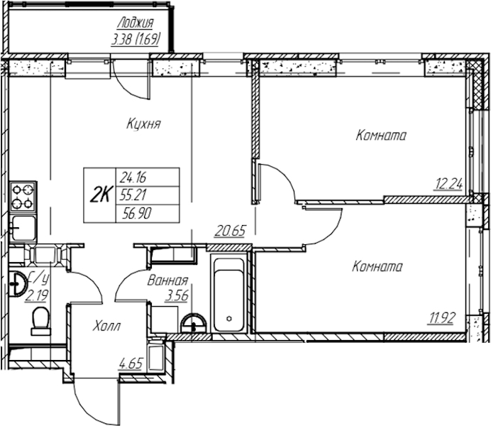 2-комнатная квартира 56.9 м², 21/22 эт., ЖК «Парк-квартал Юнтолово»